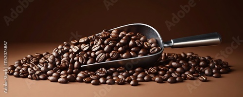 Coffee beans, roasted coffee, brown beans, metal scoop, coffee grains