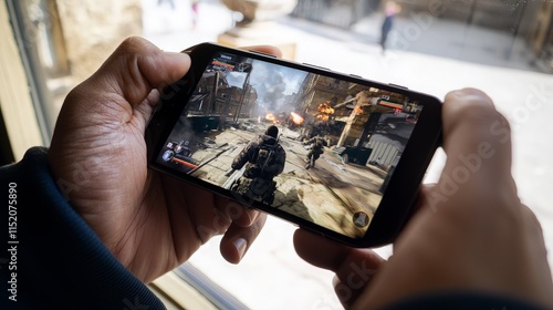 Person playing action game on smartphone.