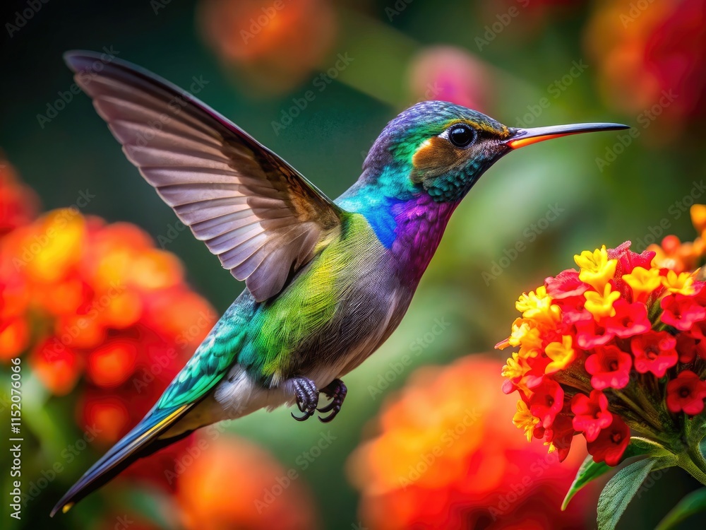 Fototapeta premium Low-light hummingbird photography reveals vibrant plumage against stunning floral backdrops. Unforgettable images.