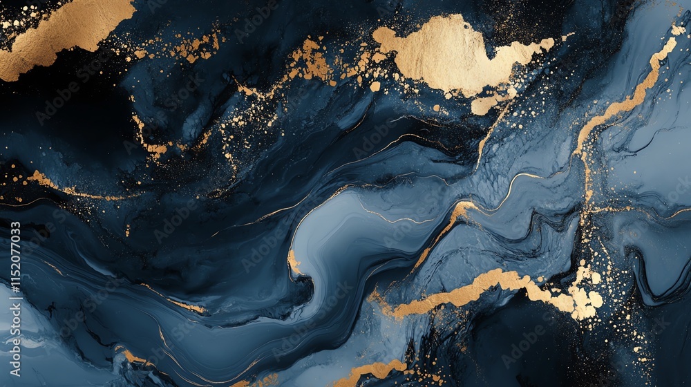 Fototapeta premium Elegant abstract fluid art featuring deep blue and gold tones, perfect for backgrounds and creative projects.