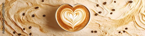Coffee cup with heart design, latte art on coffee beans background, morning drink, brown beverage