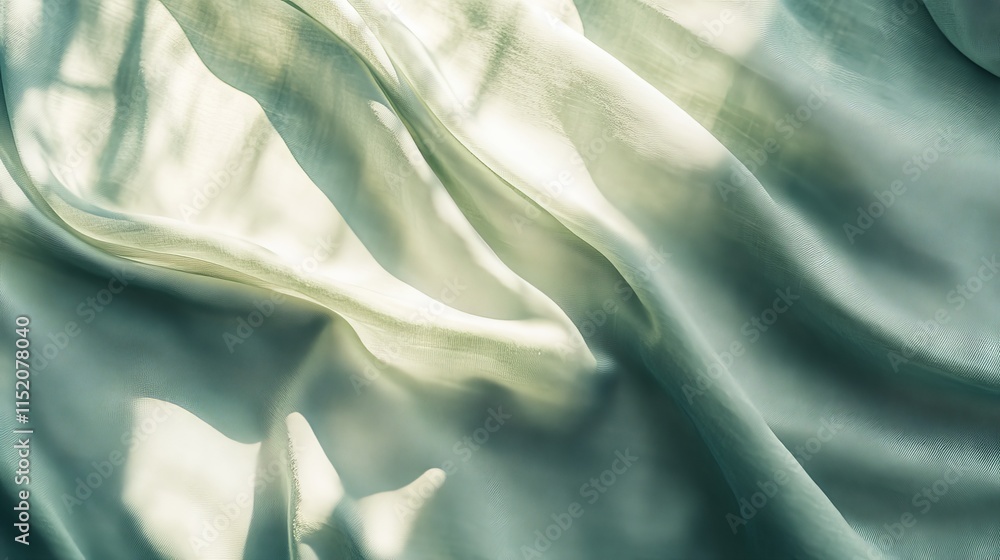 Soft pastel sage green and blue cloth texture with gentle folds, abstract floral sunlight shadows, and neutral aesthetic background for wedding design, branding, or copy space