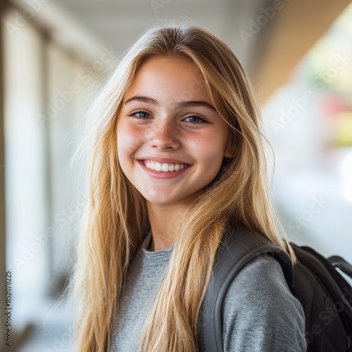 A smiling blonde teenage girl with a backpack, radiating charm and confidence, looking directly at the camera. Free Download A smiling blonde teenage girl with a backpack, radiating charm and confidence, looking directly at the camera. - GFXLoad