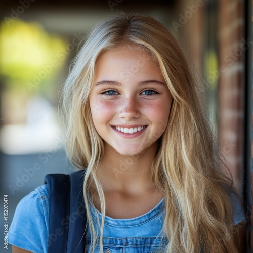 A smiling blonde teenage girl with a backpack, radiating charm and confidence, looking directly at the camera. photo