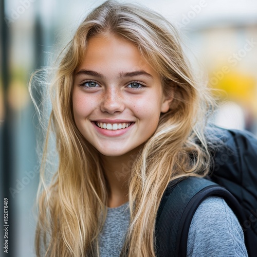 A smiling blonde teenage girl with a backpack, radiating charm and confidence, looking directly at the camera. photo