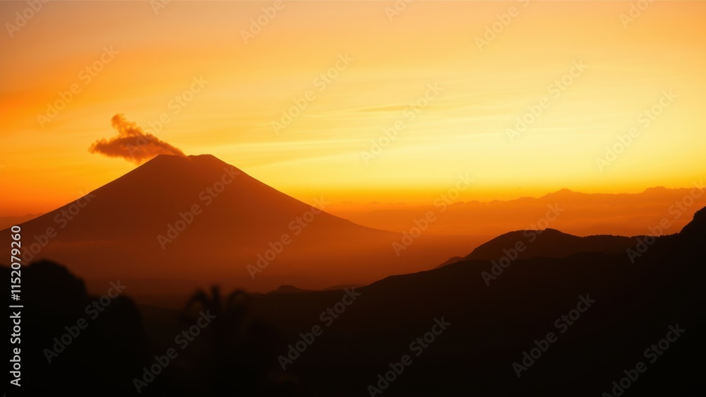 A majestic silhouette of a volcanic peak against a fiery orange sunset, showcasing the powerful beauty of nature. A majestic silhouette of a volcanic peak against a fiery orange sunset, showcasing the powerful beauty of nature.