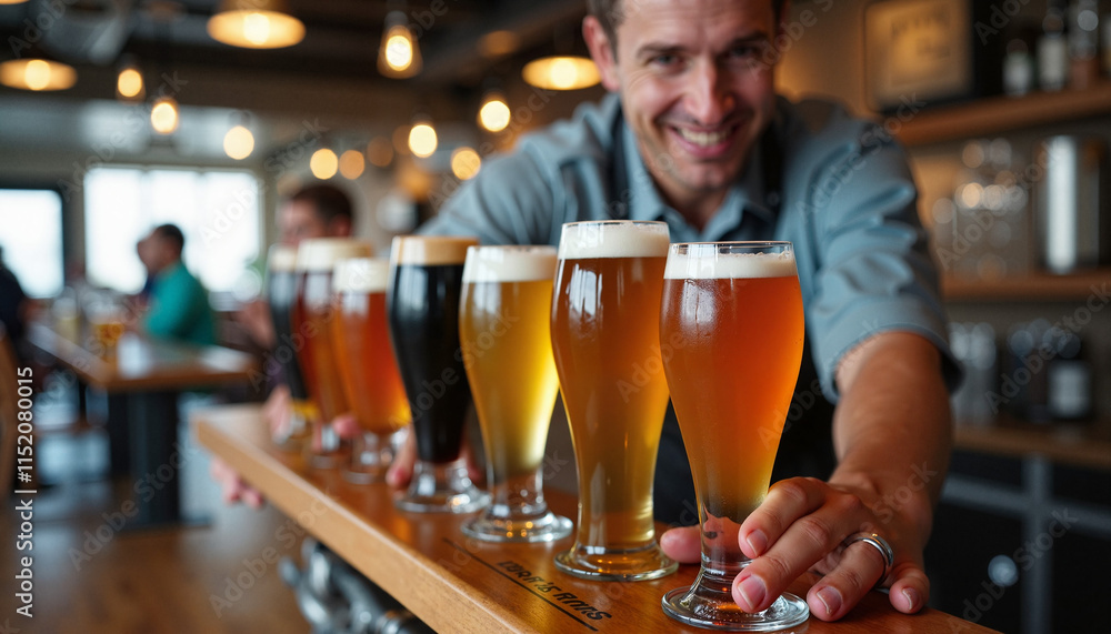 International Bartender Day. Bartender showcasing craft beer selection at a modern brewery International Bartender Day. Bartender showcasing craft beer selection at a modern brewery