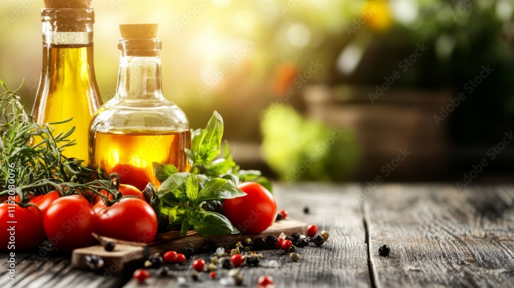 Fresh Vegetables and Olive Oil on Wooden Table Fresh Vegetables and Olive Oil on Wooden Table