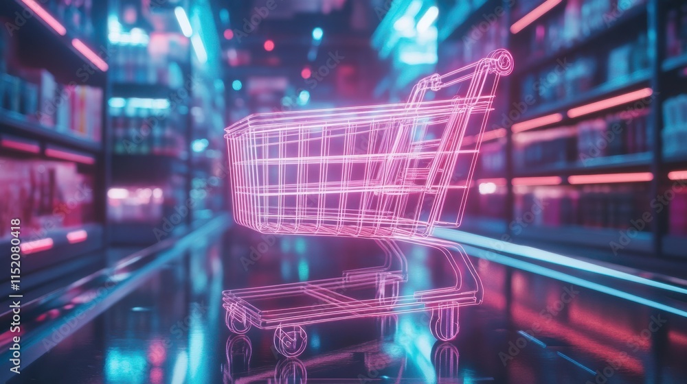 Futuristic Shopping Cart on Neon Aisle in Digital Supermarket Environment with Vibrant Colors and Glowing Lights Representing Modern Consumer Experience Futuristic Shopping Cart on Neon Aisle in Digital Supermarket Environment with Vibrant Colors and Glowing Lights Representing Modern Consumer Experience