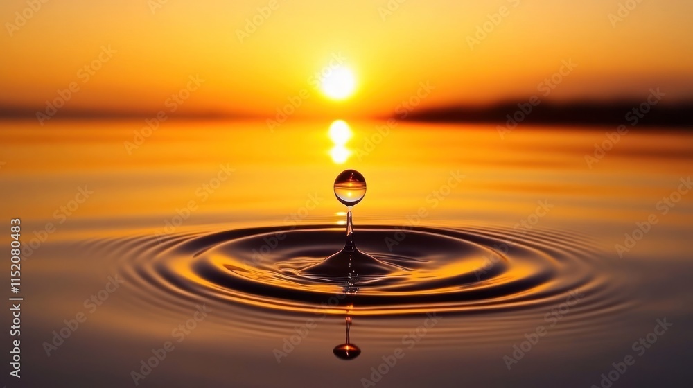 A water droplet creates ripples against a sunset backdrop, showcasing nature's beauty. A water droplet creates ripples against a sunset backdrop, showcasing nature's beauty.