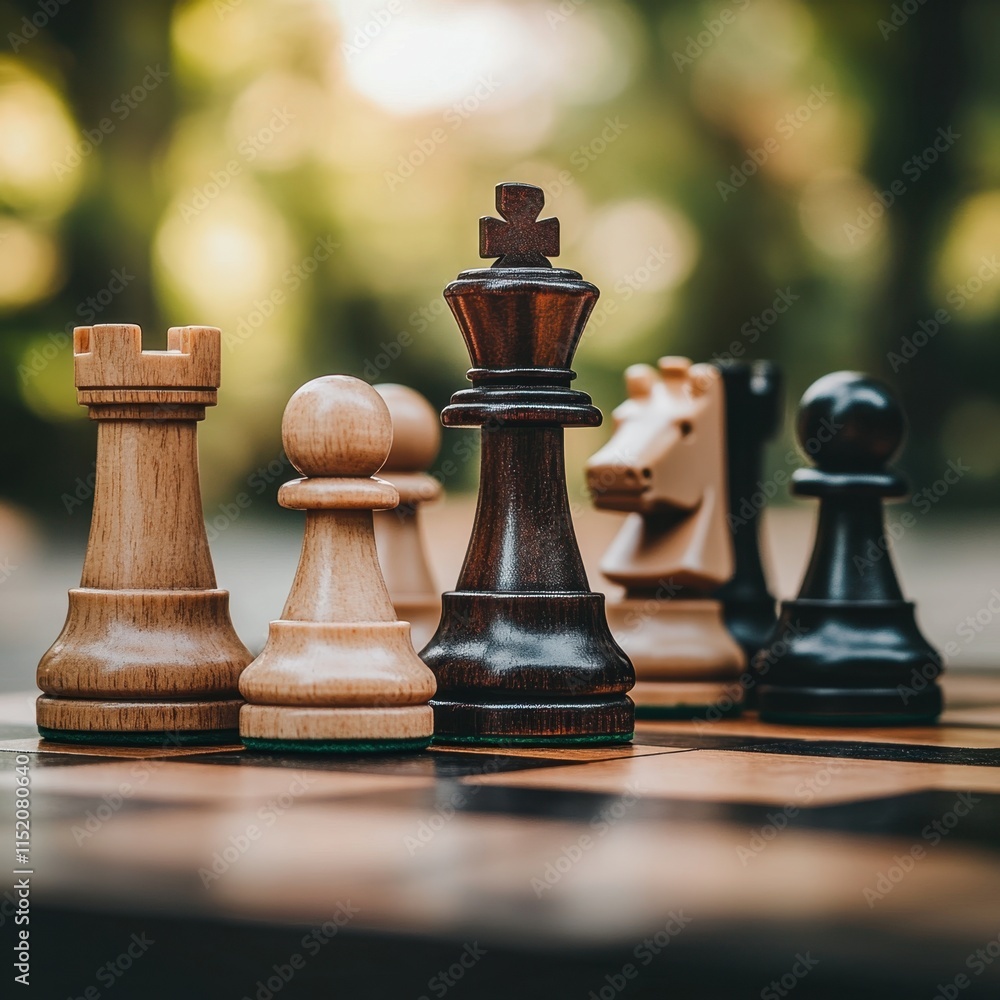 A strategic business planning concept depicted with chess pieces positioned on a chessboard, symbolizing thoughtful decision-making and strategic moves in a professional context.