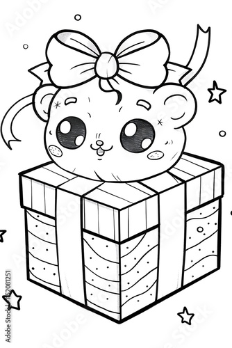 Cute cartoon bear with bow on gift box children's art activity fun indoor coloring whimsical atmosphere photo