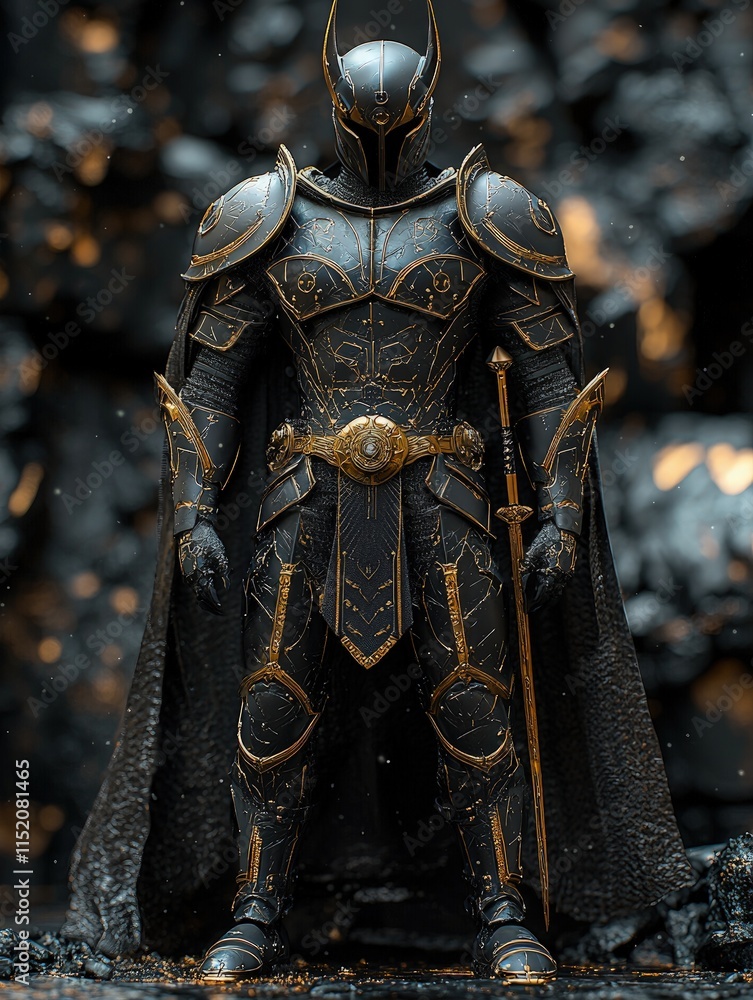 A dark knight in ornate black and gold armor stands ready for battle. Ideal for fantasy games or book covers. A dark knight in ornate black and gold armor stands ready for battle. Ideal for fantasy games or book covers.