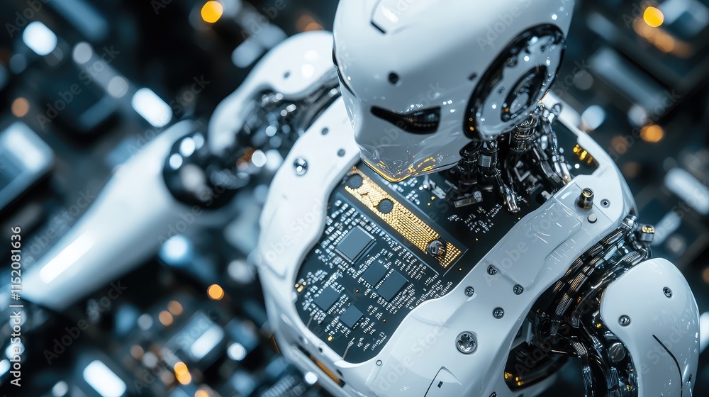 Fototapeta premium A close-up of a robotic device's motherboard with a central microchip controlling its sensors and movement systems