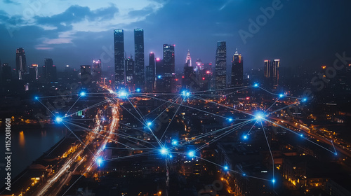 Wallpaper Mural Smart digital city with connection cyber security network reciprocity over the cityscape . future smart wireless digital city and social media networking systems that connects people within the city Torontodigital.ca