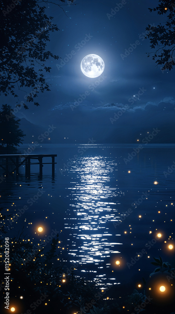 Serene Night Scene Moonlit Lake, Wooden Dock, Firefly Lights Serene Night Scene Moonlit Lake, Wooden Dock, Firefly Lights