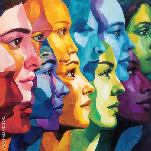 A striking portrait of genetic diversity features faces painted in vibrant, multicolored hues, symbolizing global unity and the rich tapestry of human differences. photo