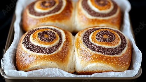 Four golden-brown swirl buns with chocolate topping in a baking pan. photo