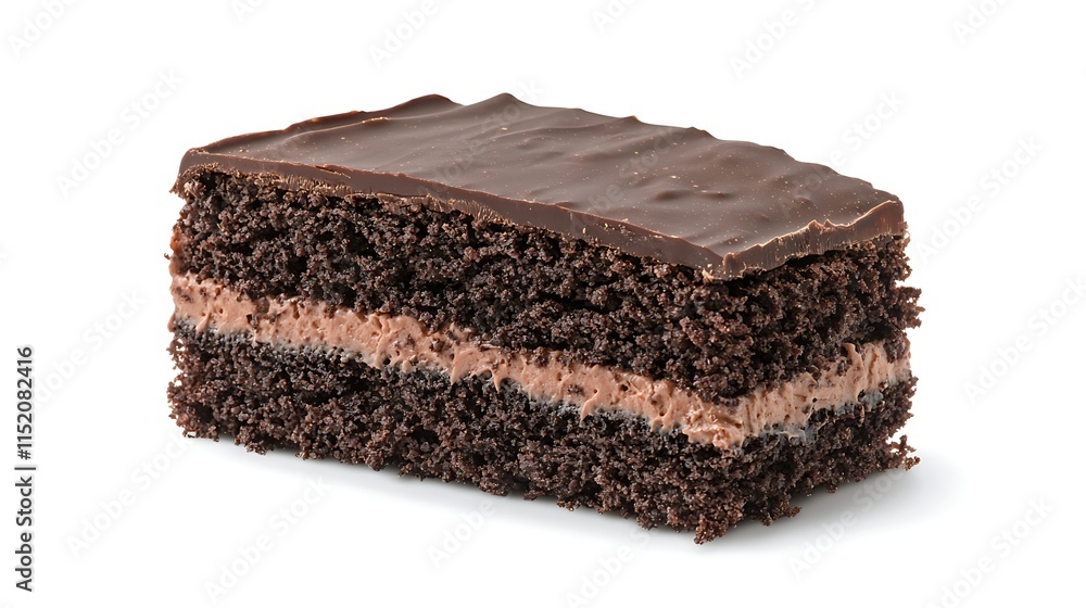 Delicious chocolate cake slice with chocolate frosting and creamy filling, isolated on white background. Delicious chocolate cake slice with chocolate frosting and creamy filling, isolated on white background.