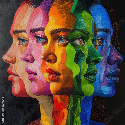 A striking portrait of genetic diversity features faces painted in vibrant, multicolored hues, symbolizing global unity and the rich tapestry of human differences. photo