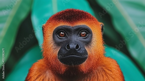 Close-up portrait of a red howler monkey in lush green foliage. photo