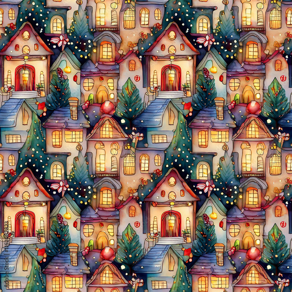 Fototapeta premium Colorful seamless pattern of festive houses with Christmas decorations and illuminated windows
