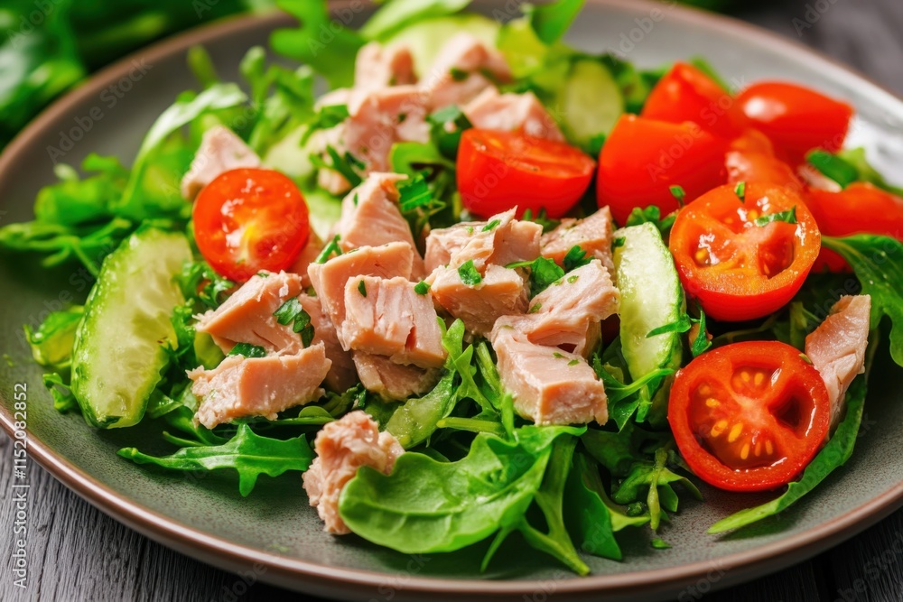Fresh salad with tuna, cherry tomatoes, and cucumber served in a bowl on a wooden table Fresh salad with tuna, cherry tomatoes, and cucumber served in a bowl on a wooden table