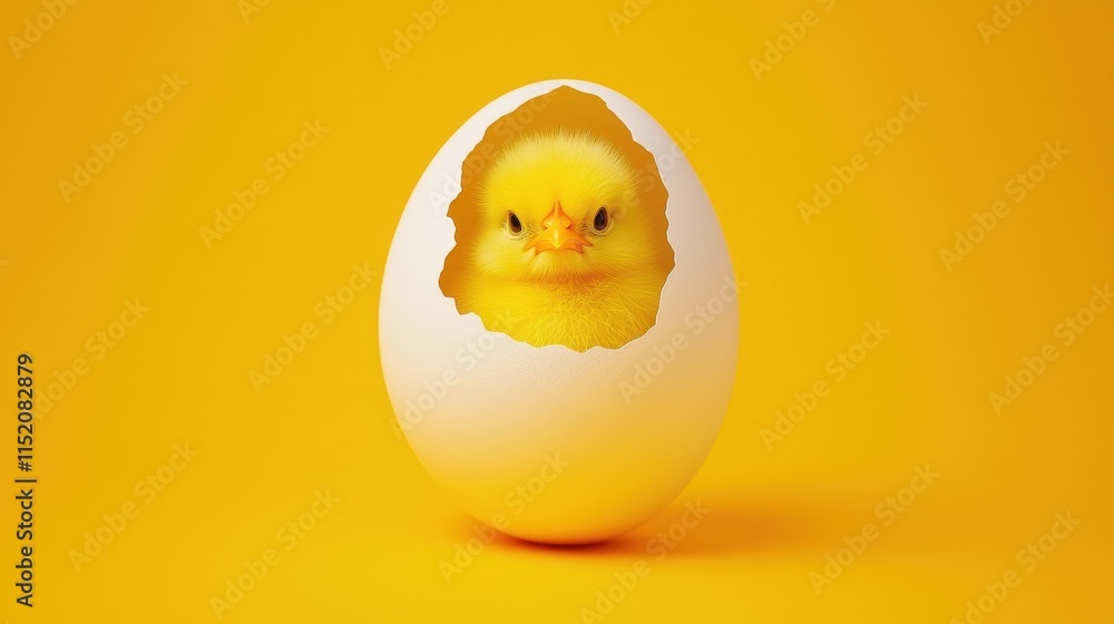 Chick Emerging from Egg on Bright Yellow Background Chick Emerging from Egg on Bright Yellow Background