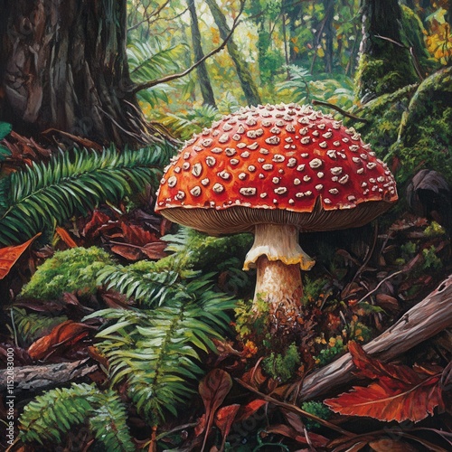 A striking red poison mushroom stands out amidst the forest foliage. photo