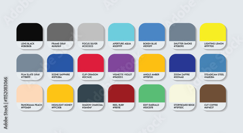 Videographer Color Guide Palette with Color Names. Catalog Sample Videographers with RGB HEX codes and Names. Colors Palette, Media Videographer Color Palette, Fashion Trend Videographer Color Palette