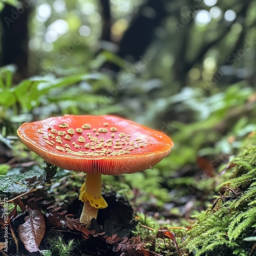 A striking red poison mushroom stands out amidst the forest foliage. photo