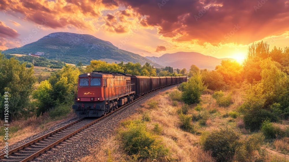 Fototapeta premium Majestic Sunset Train Journey Through Serene Landscape with Mountains in Background, Capturing the Beauty of Nature and Industrial Movement at Dusk