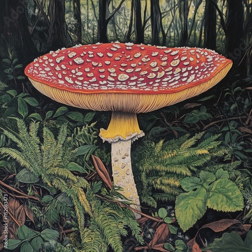 A striking red poison mushroom stands out amidst the forest foliage. photo