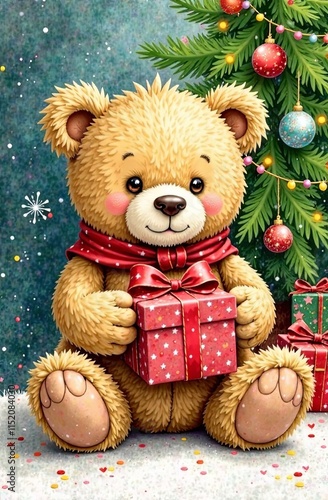 cute chubby teddy bear at christmas with a gift, watercolor painting, green tree with toys in the background