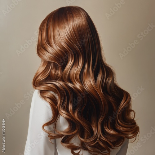 A studio portrait of an attractive girl viewed from the back, showcasing her gorgeous, long, shiny brown curls. photo