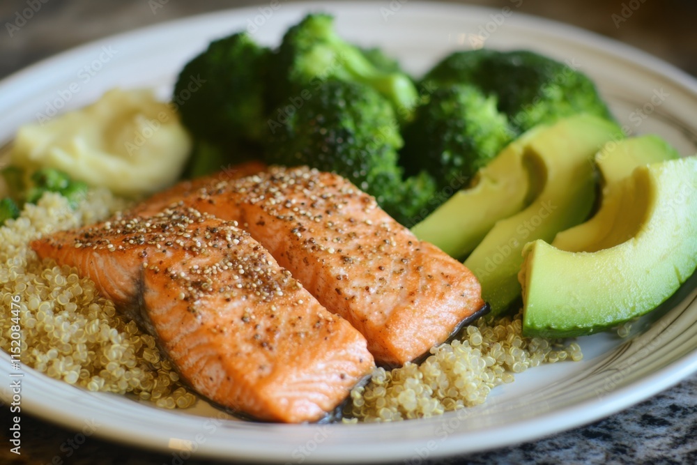 Healthy salmon dish with quinoa, broccoli, and avocado served on a white plate Healthy salmon dish with quinoa, broccoli, and avocado served on a white plate