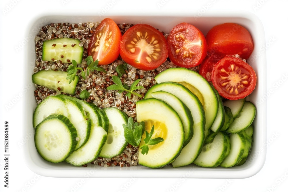 Fresh quinoa salad with sliced cucumbers and cherry tomatoes served in a white dish Fresh quinoa salad with sliced cucumbers and cherry tomatoes served in a white dish