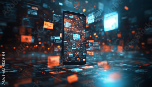 digital apps on mobile phone and around it - concept for to much informantion
