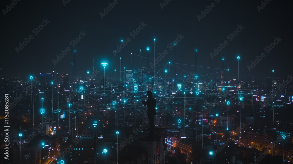 Smart digital city with connection cyber security network reciprocity over the cityscape . future smart wireless digital city and social media networking systems that connects people within the city Smart digital city with connection cyber security network reciprocity over the cityscape . future smart wireless digital city and social media networking systems that connects people within the city
