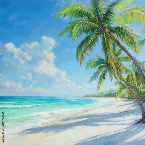 A stunning Mediterranean tropical beach scene, featuring crystal-clear turquoise waters, soft white sand, and lush green palm trees swaying in the breeze.