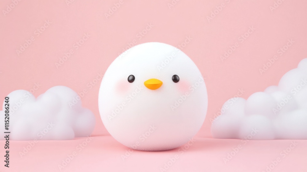 Adorable minimalist cartoon bird with a smiling face and round body, set against a soft pink background with fluffy white clouds, perfect for cheerful and playful designs Adorable minimalist cartoon bird with a smiling face and round body, set against a soft pink background with fluffy white clouds, perfect for cheerful and playful designs