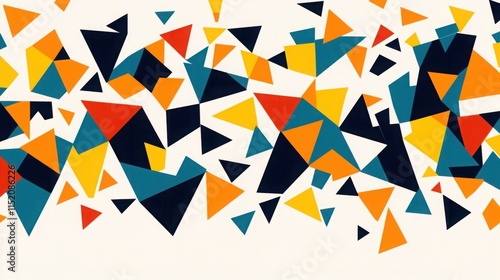 Abstract geometric pattern featuring colorful triangles in vibrant shades of orange, blue, green, and black for modern design, backgrounds, and creative projects