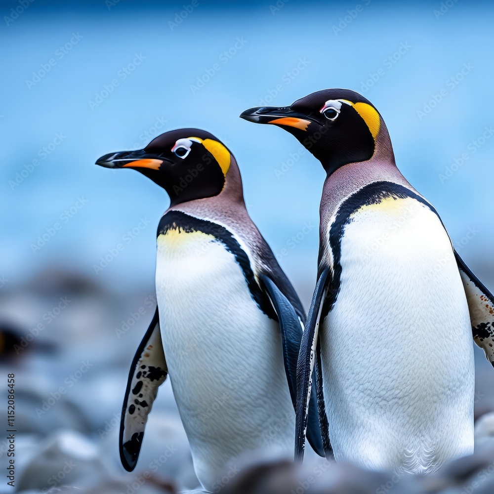 Fototapeta premium bokeh blue of Two magellanic penguins and sea water bokeh at the background abstract bokeh light background bright 