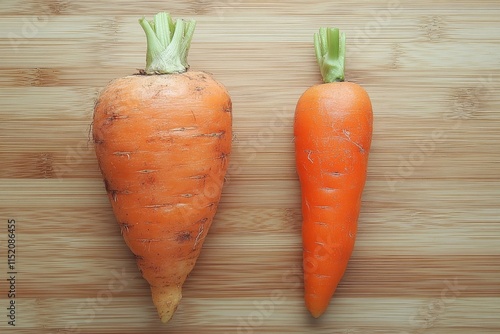 Ugly forked deformed carrot vs regular straight one on wooden background, Generative AI