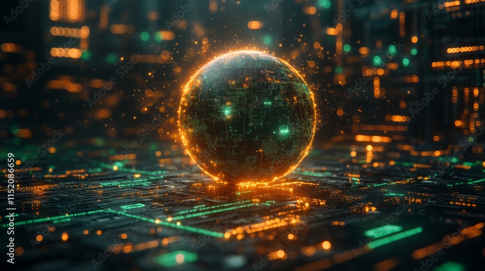 Obraz premium A luminous globe composed of digital elements rests on a circuit board illuminated with vibrant colors. This artwork represents advancement in technology and interconnectedness.