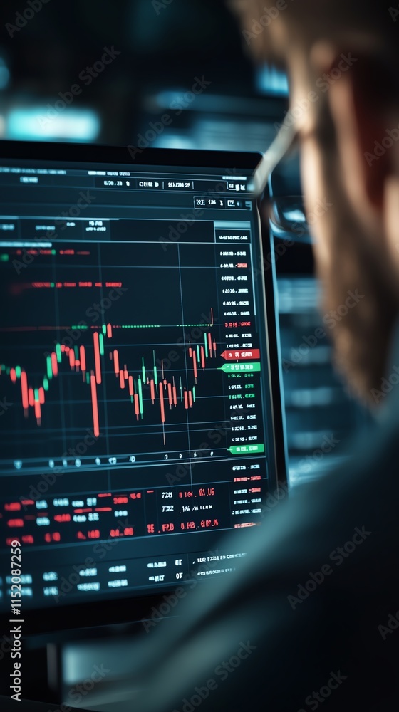 Man analyzing stock market charts on dual monitors for a trading decision.