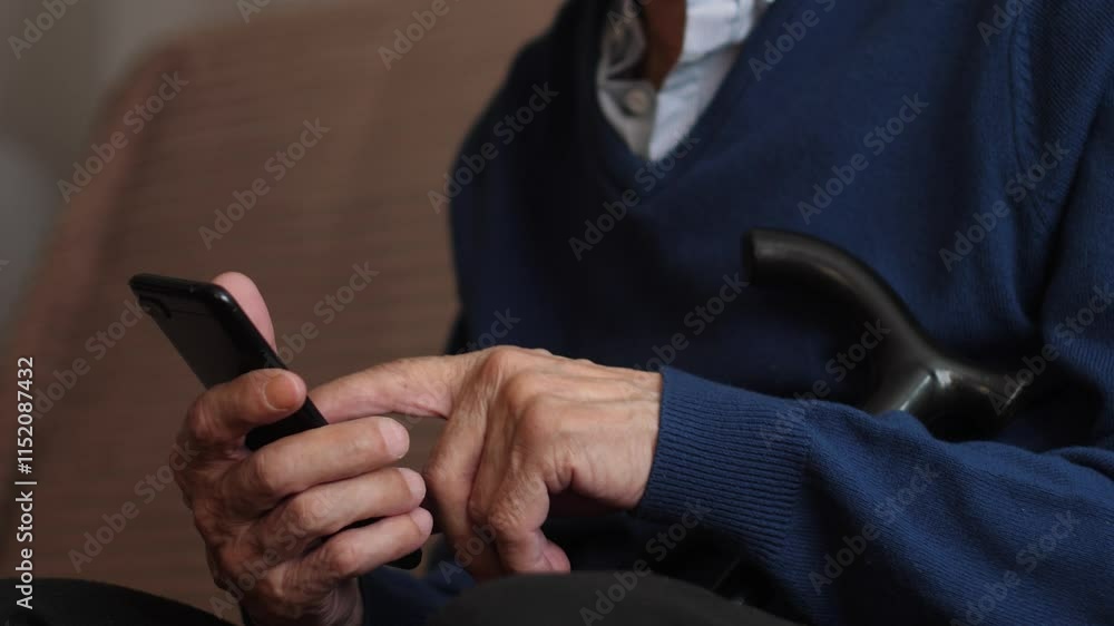 an elderly man sitting with a walking stick actively uses a smartphone by scrolling and pressing a finger on the screen, a pensioner uses a gadget while at home an elderly man sitting with a walking stick actively uses a smartphone by scrolling and pressing a finger on the screen, a pensioner uses a gadget while at home