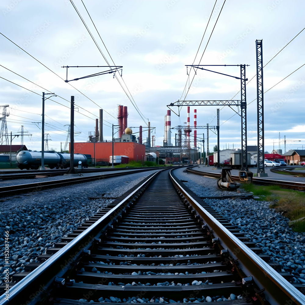 Railroad tracks leading to industrial area transportation theme Railroad tracks leading to industrial area transportation theme