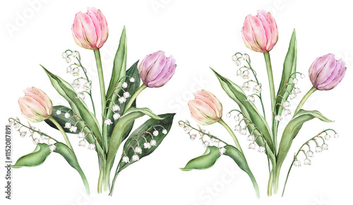 Bouquet of Pastel multi-colored Tulips and tender poured lily of the valley. Watercolor Hand drawn illustration delicate garden composition perennial bulbous flower for spring wedding design or card