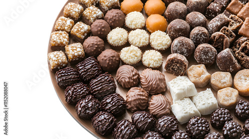 A close-up of traditional Eid sweets arranged on a platter, isolated on white  photo